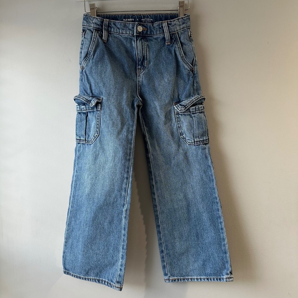 Old Navy‎ Cargo Jeans Kids 8 Blue Excellent Baggy Wide Leg High Rise Tough Denim